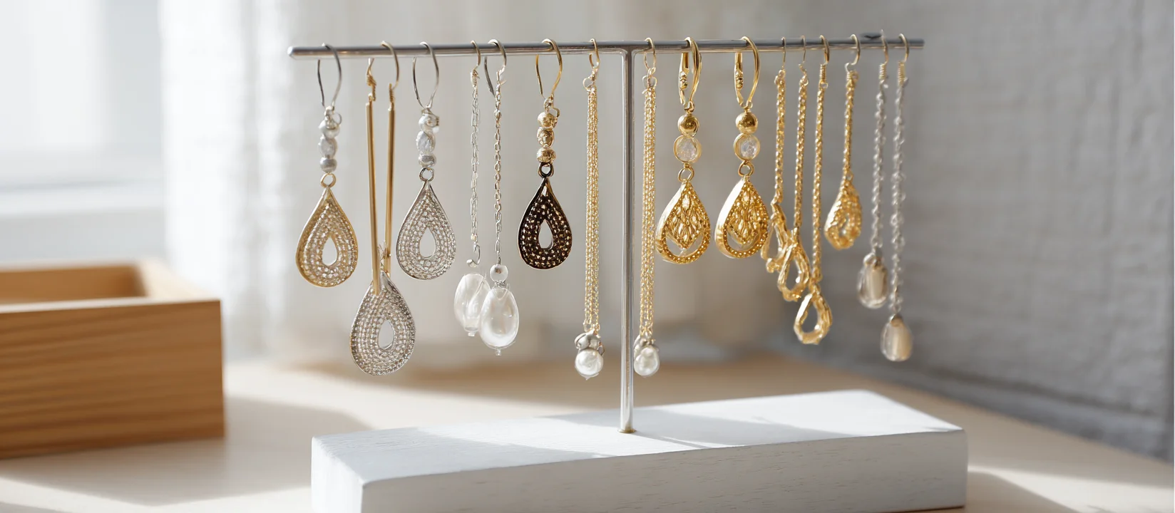 A geometric gold display stand for earrings holds a mix of gold and pearl-drop earrings, functioning as a sleek earrings hanging holder.